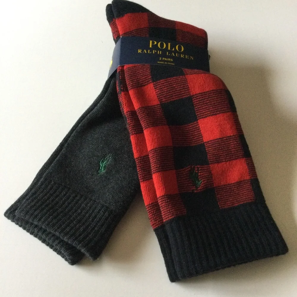 POLO RALPH LAUREN MENS 2 PAIR PACK BOOT SOCKS RED/BLACK AND GRAY WITH LOGO NWT